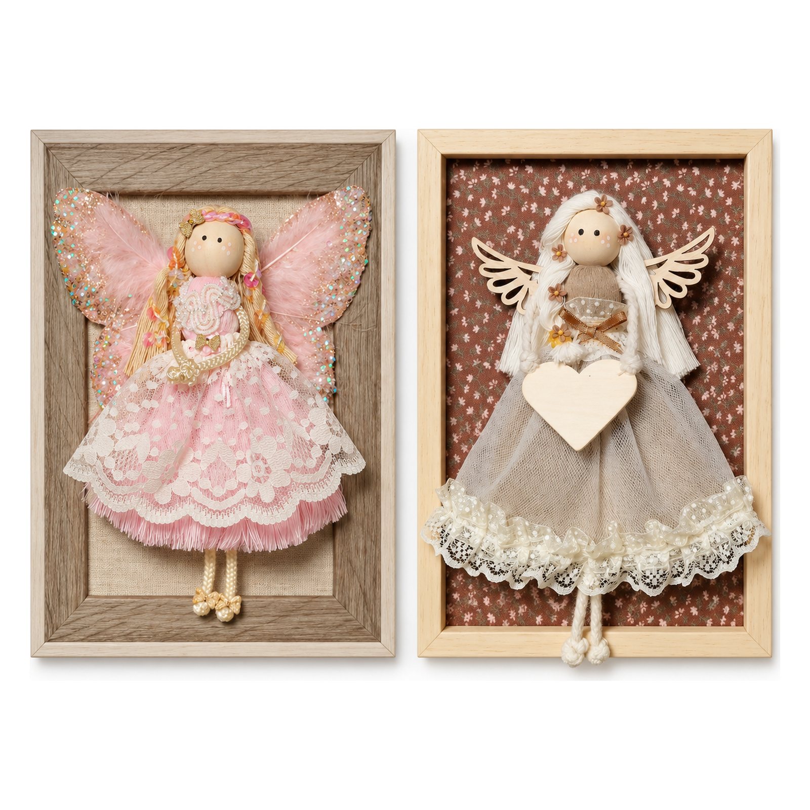 Dos hadas en marco de madera, rosa y beige
