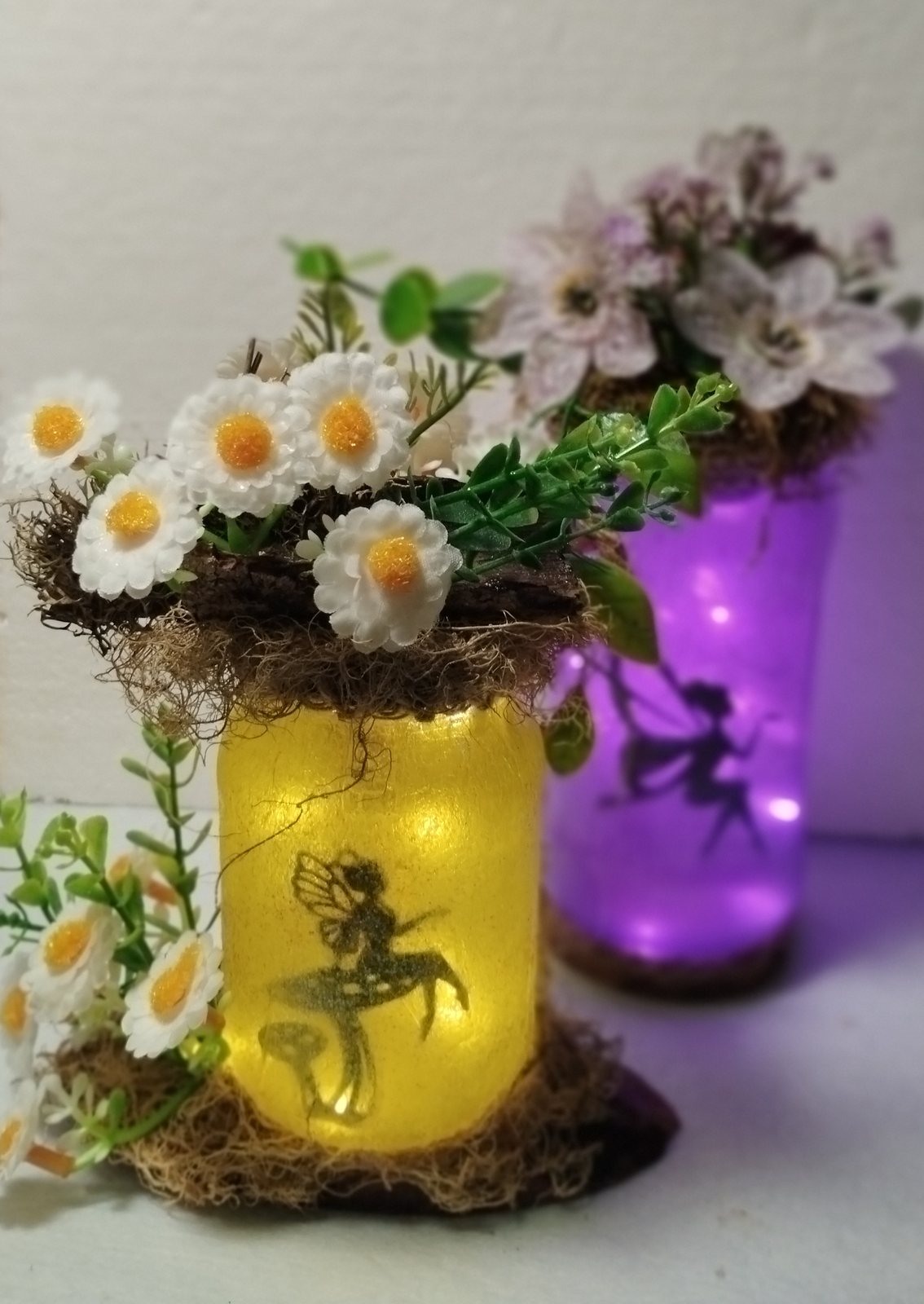Lamparitas Luz de Hadas amarilla y morada con margaritas