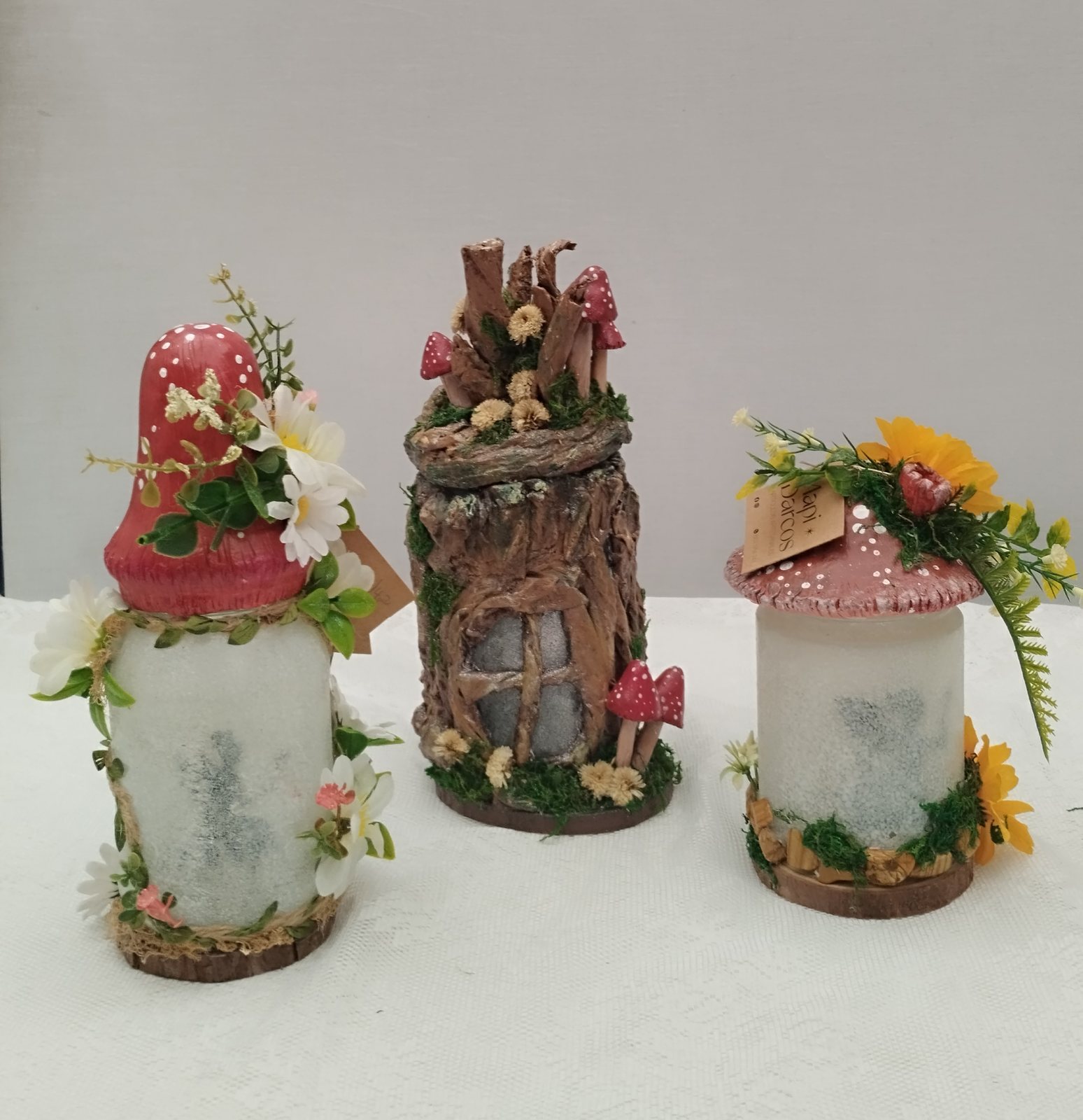 Tres lamparitas Luz de Hadas con tapas de seta y de tronco