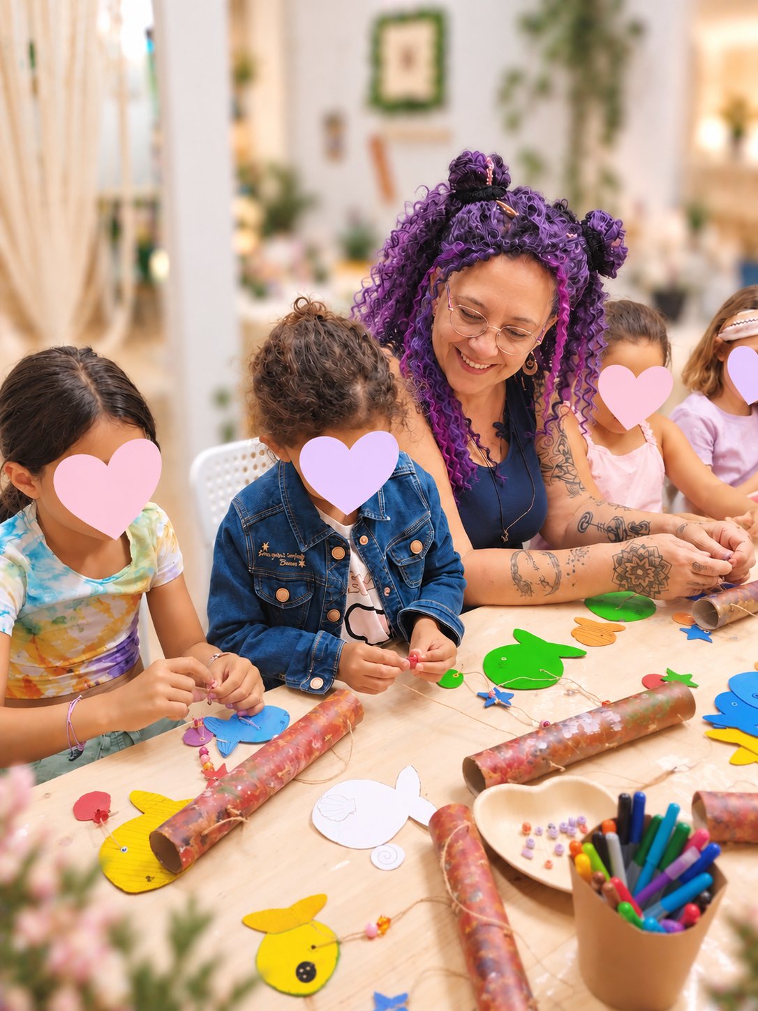 Mapi sonriendo en su espacio creativo junto a alumnas de un taller infantil